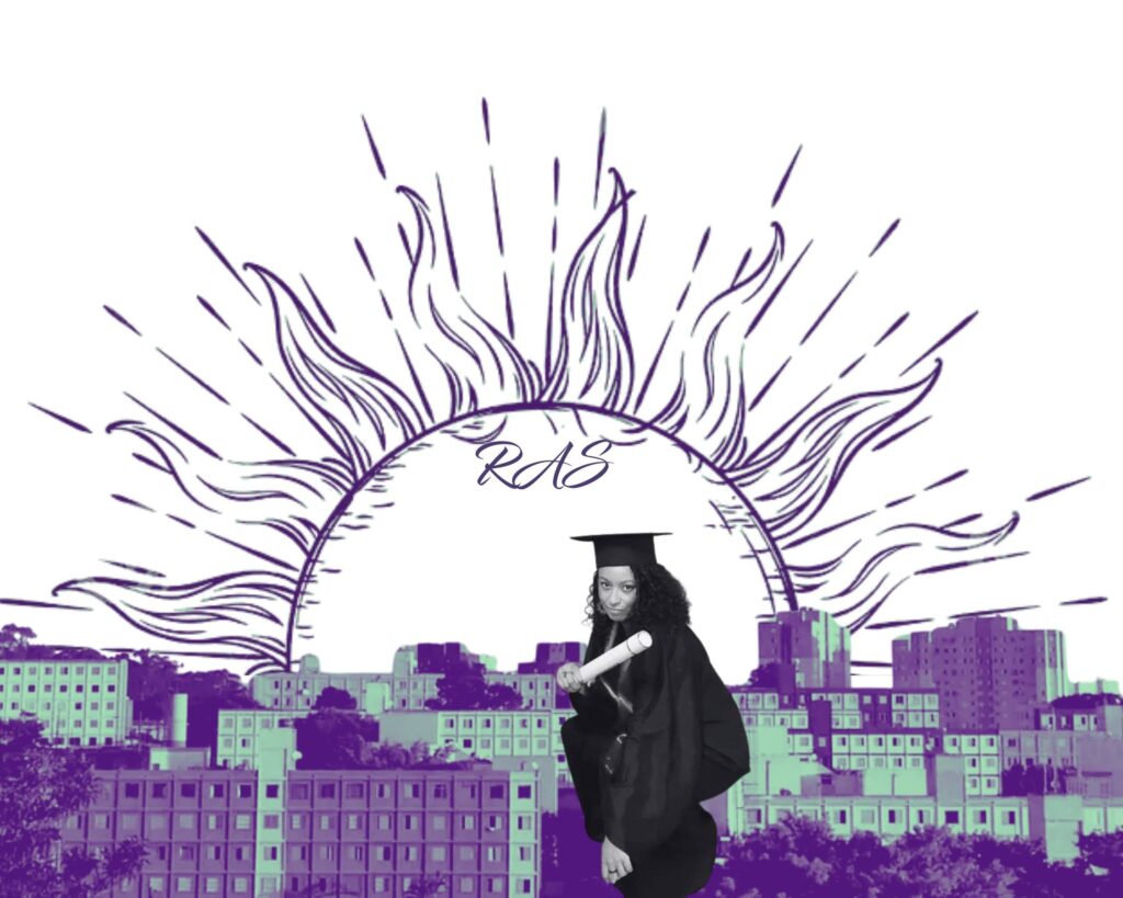 Colagem digital composta por uma formanda de psicologia em uma "pose de quebrada" sob os prédios da habitação social - cohab - com um sol tribal ao fundo. Imagem ilustra o artigo "O Que Sua Psicóloga Nunca Aprendeu na Universidade."