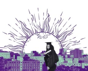 Colagem digital composta por uma formanda de psicologia em uma "pose de quebrada" sob os prédios da habitação social - cohab - com um sol tribal ao fundo. Imagem ilustra o artigo "O Que Sua Psicóloga Nunca Aprendeu na Universidade."
